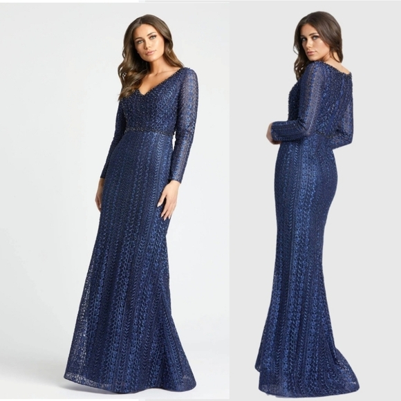 Mac Duggal 20271 - Midnight Embroidered Long Sleeve Evening Dress SZ 12 NWT - Picture 1 of 13